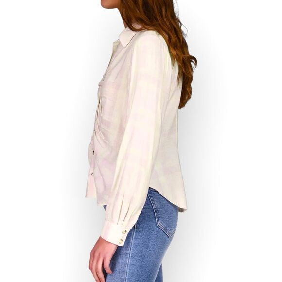 SANCTUARY‎ CLOTHING NWT WOMENS WHISPER PLAID RUCHED BOYFRIEND SHIRT- size XS - Picture 7 of 11